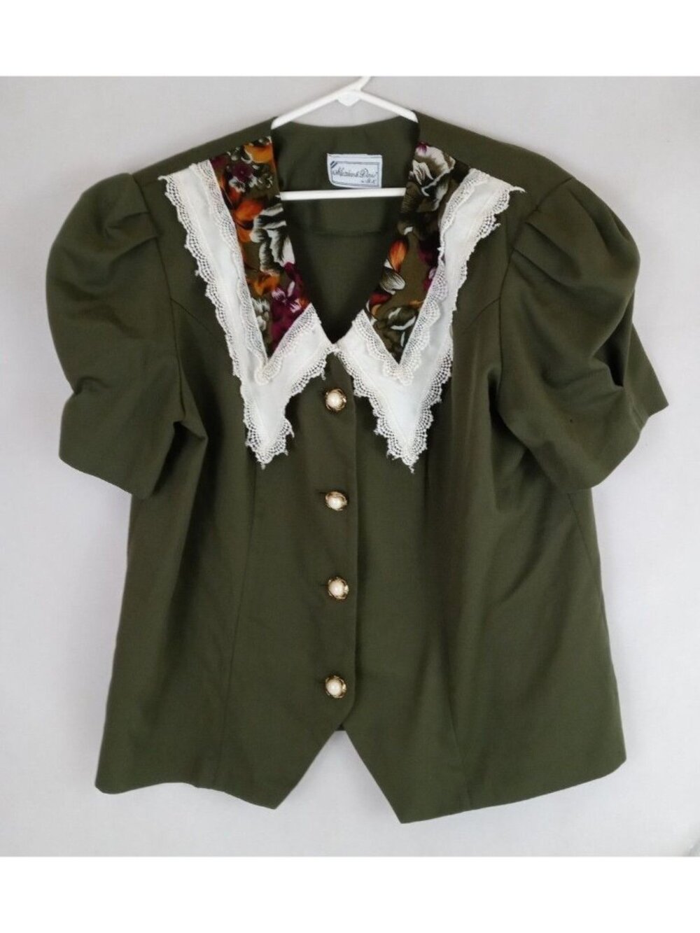 Matthew & David Womens Olive Green Career Blazer With Floral & Lace Collar Large